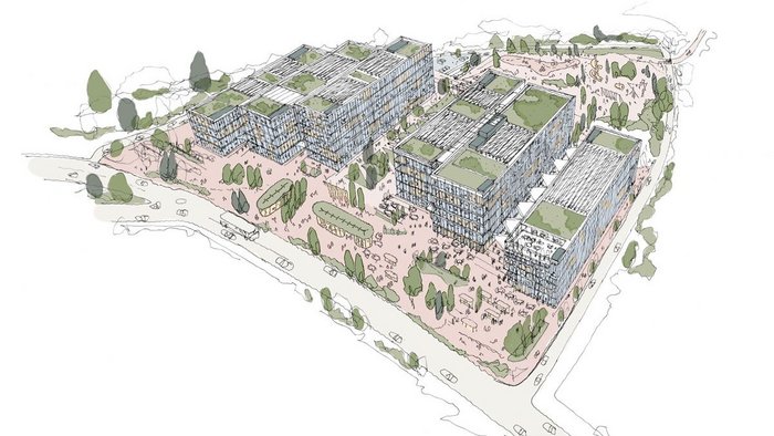 Inhabiting generous external spaces, business parks, as well as diversifying the building uses, could create a richer more communal centre as Apt’s concept sketch shows.